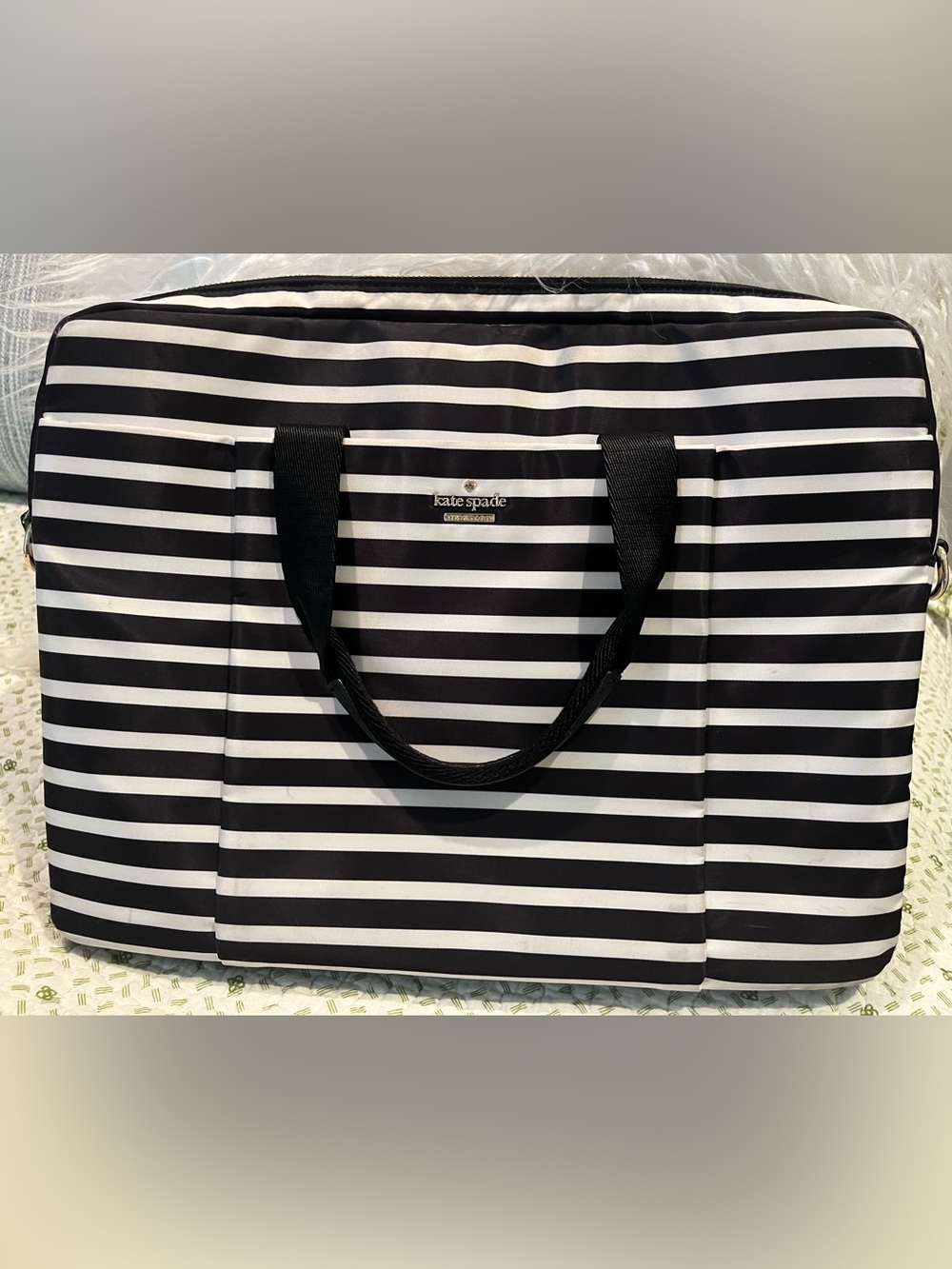 kate spade Black and White Striped Nylon Laptop Tote Bag with Detachable Strap
